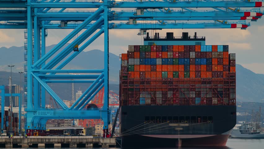 View of a large container ship docked at the Adriatic Gate Container Terminal in Rijeka, Primorsko-goranska zupanija, Croatia.
