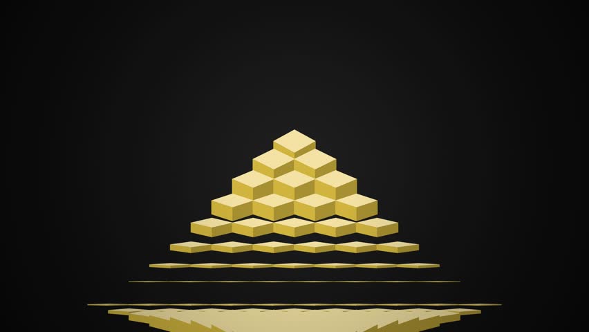 Gold Isometric Cubes Forming A Pyramid Shape Animation On Black Background