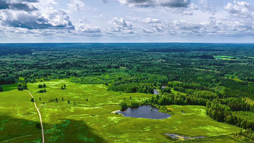 Aerial view of a small pond surrounded by lush green meadows, a winding dirt path, and vast dense forests under a bright cloudy sky in Latvia.