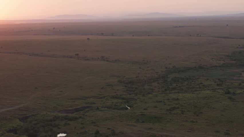 Wide landscape view of Kenyan natural wildlife reserve in Masai Maasai Mara in southwest Kenya, Africa from aerial safari perspective as sun rises above animals with Serengeti mountains in distance 4k
