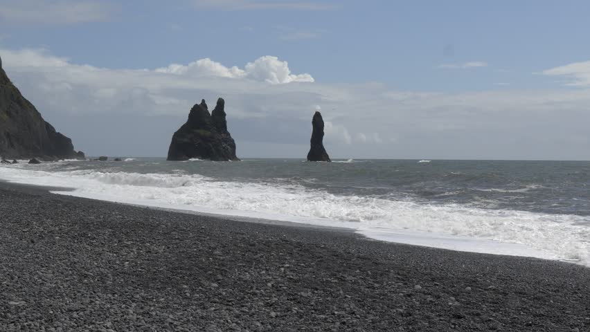 Ocean Waves Crashing on Reynisfjara Black Sand Beach in Iceland