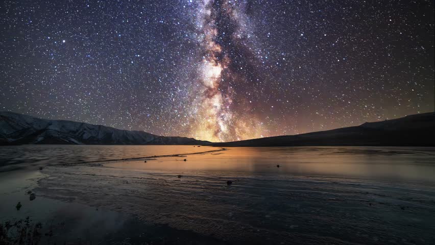 Beautiful night landscape , Milky Way  galaxy on the sky over the lake and mountains Space, night scene time lapse.
