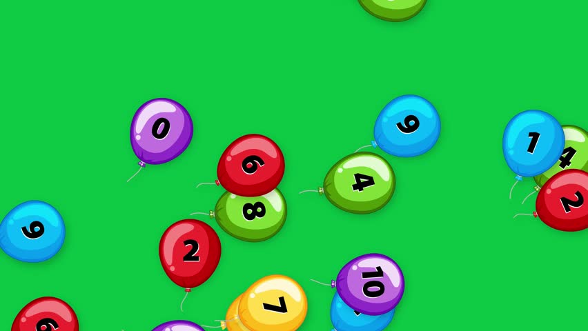 Vibrant numbered balloons drift slowly upward against a solid green screen for easy compositing.