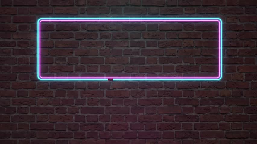 Pink neon tattoo text flickers inside a cyan frame against a dark brick wall.