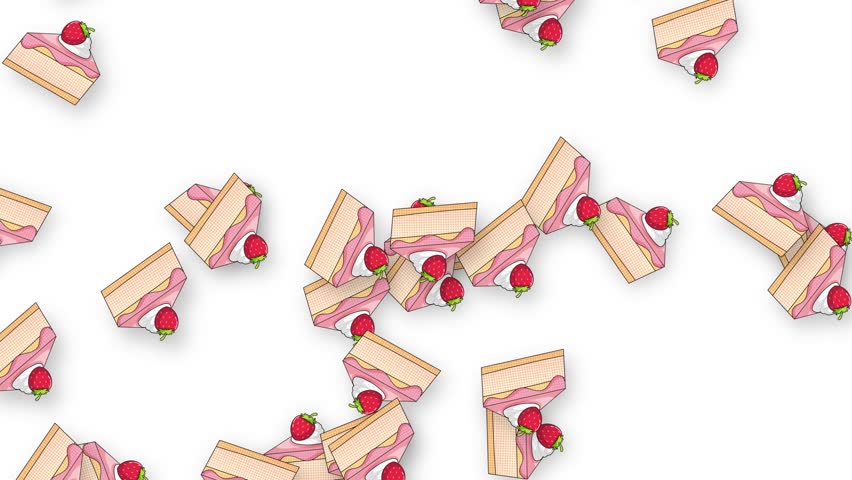 Illustrated strawberry cake slices fall and rotate against a clean white background in 2D.