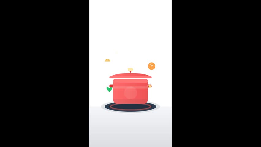 Minimalist Animated Red Cooking Pot Floating over Stove with Food Ingredients and Kitchen Timer Clock Icons. Cute 2D flat design vector illustration featuring a hot boiling saucepan, casserole, or soup pot with a lid on a dark burner ring. Creative culinary and recipe concept showing small stylized leaves, spices, and a countdown stopwatch element on a clean white background. Perfect for healthy cooking blogs, restaurant menus, home kitchen interior designs, food preparation tutorials, domestic household chores, or modern culinary branding visual assets.