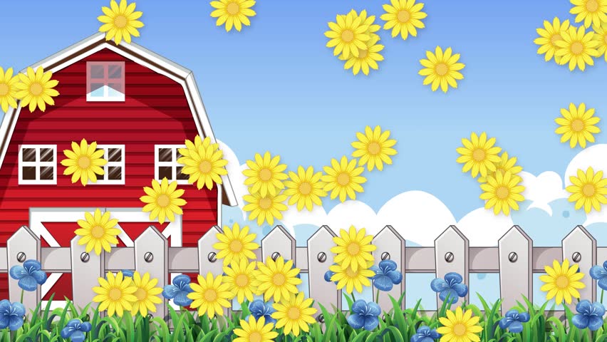 Cartoon farm landscape with red barn and white fence under falling yellow flower petals.