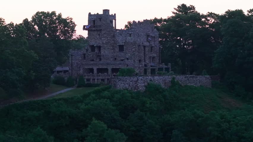 Summer aerial view featuring Gillette Castle in East Haddam, Connecticut at sunrise