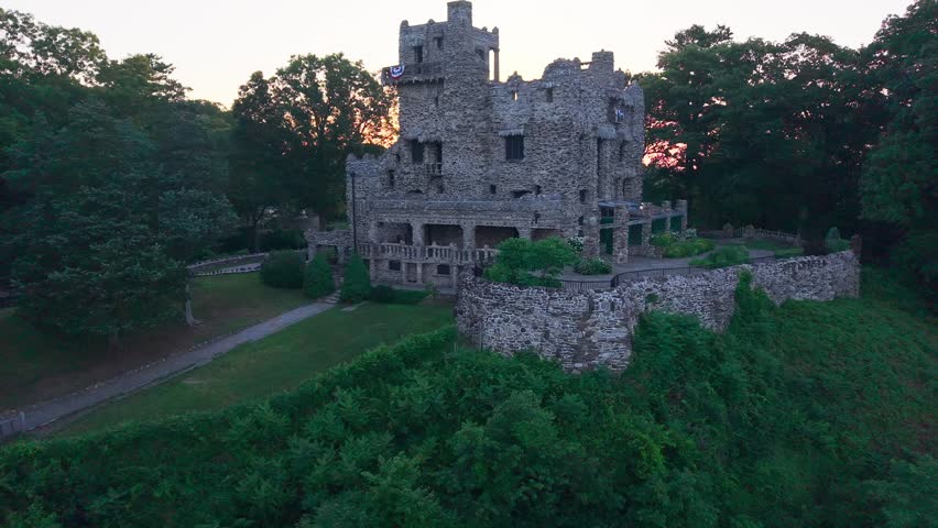 Summer aerial view featuring Gillette Castle in East Haddam, Connecticut at sunrise