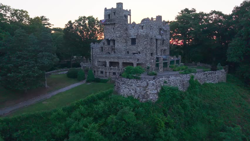 Summer aerial view featuring Gillette Castle in East Haddam, Connecticut at sunrise