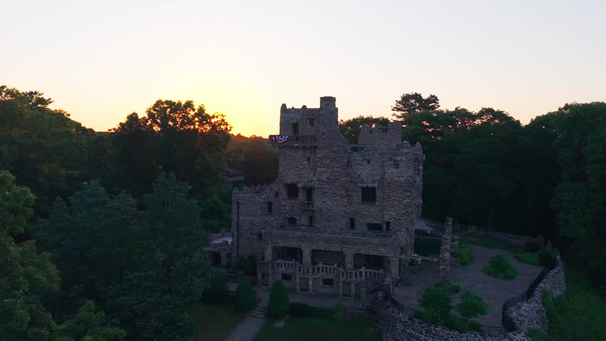 Summer aerial view featuring Gillette Castle in East Haddam, Connecticut at sunrise