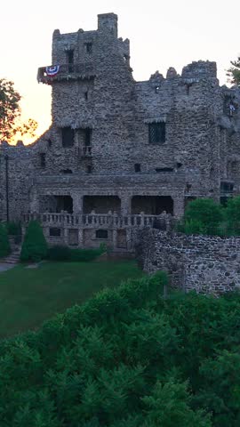 Summer aerial view featuring Gillette Castle in East Haddam, Connecticut at sunrise