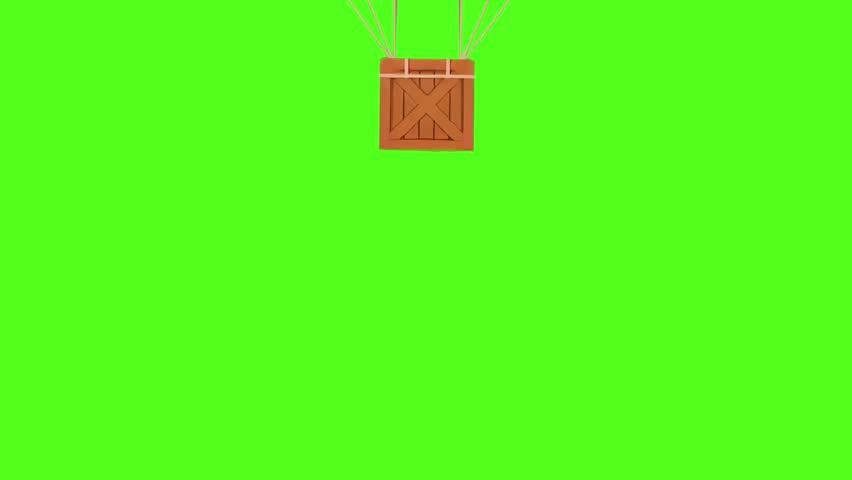 Animated cartoon graphic of a green military parachute floating down safely with a wooden cargo shipping crate attached, flat vector delivery air drop loopable animation isolated on a green screen chroma key background.
