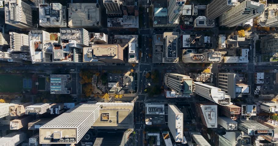 Aerial view of the dense urban grid and skyscrapers in Chicago Downtown, Chicago, Illinois, United States.