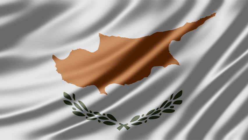 Cyprus national flag featuring a copper map and olive branches ripples gently in the wind as a high quality smooth fabric animation video footage showing the iconic patriotic symbol with realistic light and deep shadow textures moving across the soft flowing surface.