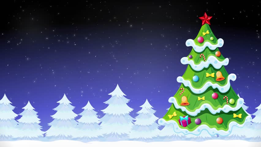 Cartoon winter landscape with decorated evergreen tree and falling stars under dark blue night sky.
