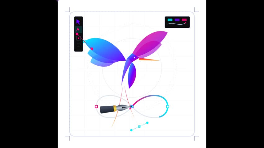  Illustration of Digital Graphic Design Butterfly Creation Video Loop A professional minimalist vector illustration video loop showcasing digital art creation, graphic design workflow, and software illustration. This flat design motion graphics artwork features a stylus pen drawing a vibrant abstract butterfly using gradient neon shades of blue, magenta, and purple. Set against a white grid artboard canvas with color palettes and editing tools on the side interface, this animation video template perfectly symbolizes creativity, UI UX design, digital drawing tutorials, vector path editing, and artistic software. Ideal for tech tutorials and creative intros.