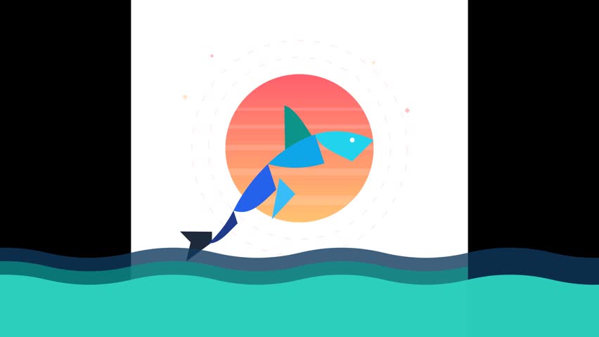 A striking minimalist vector illustration video loop featuring a stylized geometric shark or large blue fish leaping out of the ocean. This modern flat design motion graphics artwork showcases an abstract marine creature made of polygonal shapes jumping in front of a retro striped sun with warm orange, pink, and yellow hues. Set against a clean white background above multi-layered blue sea waves, this dynamic animation video template symbolizes marine wildlife, nature conservation, ocean power, summer travel, and creative eco concepts. Ideal for creative video intros and eco blogs.