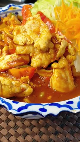 Rotating Plate of Chicken in Red Curry Sauce with Fresh Vegetables, Macro

A detailed extreme close-up of a rotating blue-and-white patterned ceramic plate. The dish features tender slices of chicken coated in a glossy, rich red curry sauce, garnished with shredded fresh orange carrots and crisp white cabbage. The sauce catches the light as the plate spins. Shot in sharp focus with a shallow depth of field, natural studio lighting.