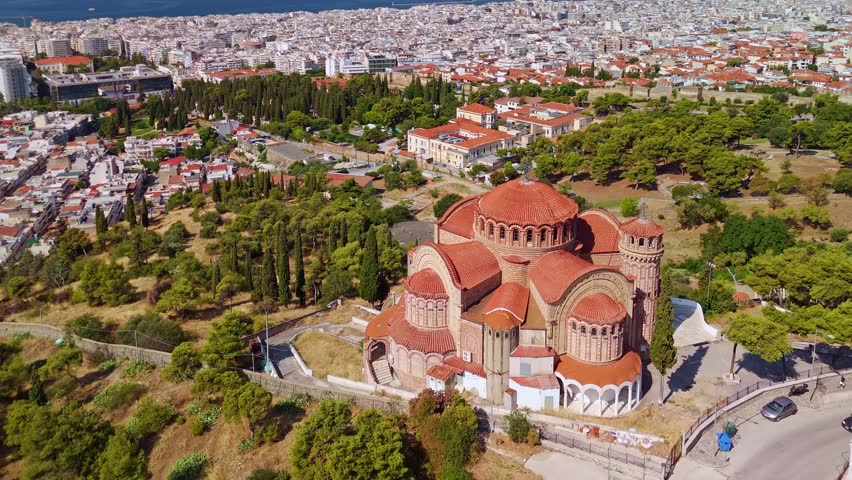 Aerial view of the magnificent Church of Saint Paul the Apostle overlooking the city and the sea in Thessaloniki, Greece