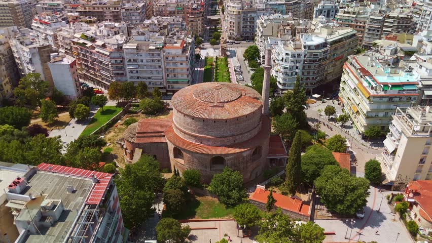 Panoramic aerial view of the Rotunda of Galerius with its minaret overlooking the city towards the sea in Thessaloniki, Greece