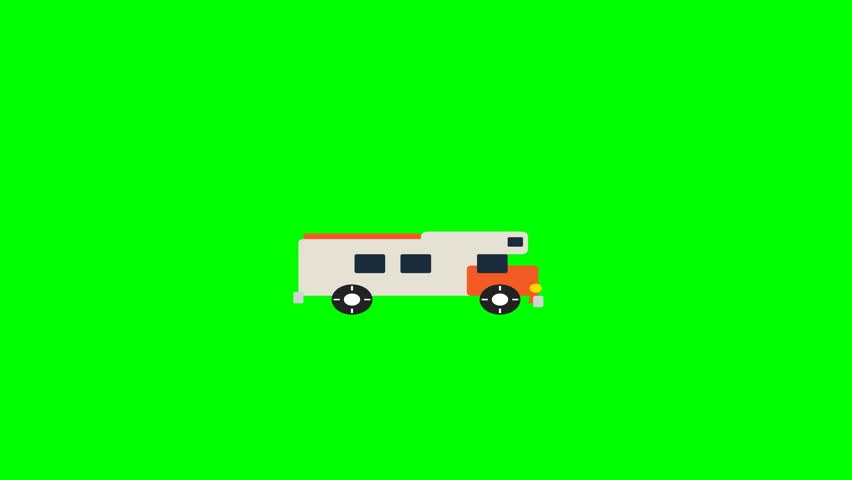 A simple pixel art animation of a white and orange RV camper van moving across a vibrant green screen background. Ideal for motion graphics and video editing.