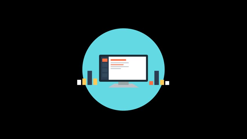 A minimalist illustration of a computer setup featuring a monitor, keyboard, mouse, and speakers, all within a teal circle against a black background.