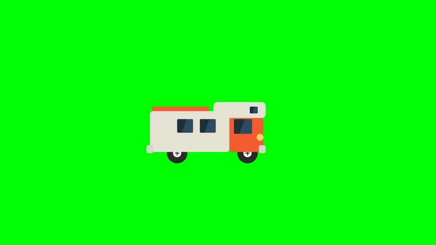 A simple pixel art illustration of a white and orange RV camper van with black wheels, isolated on a vibrant green screen background. Perfect for animation or motion graphics.