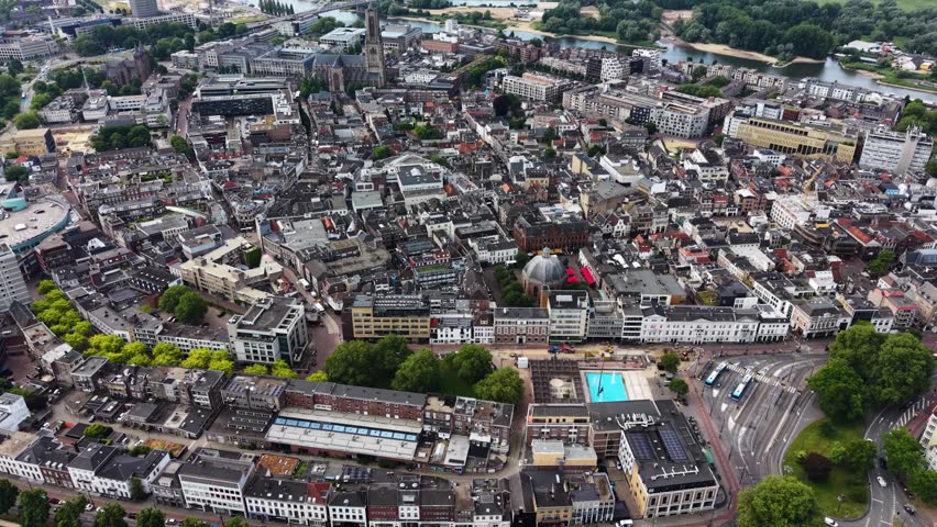 Aerial view around the old town of the city Arnhem in the Netherlands, on a sunny spring afternoon. 