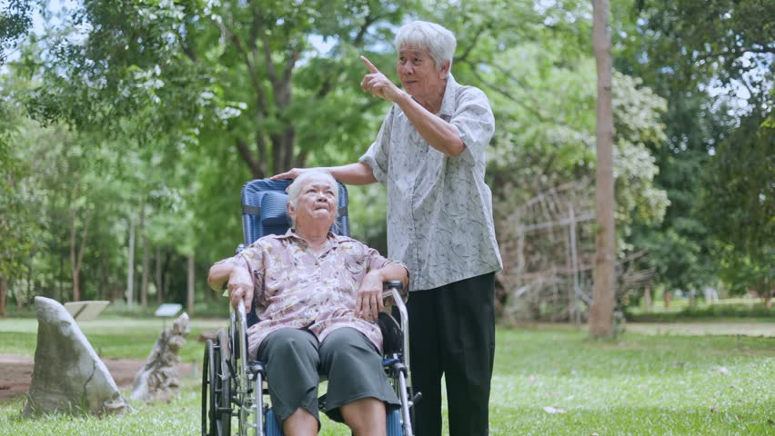 Smiling old Asian man talking to his happy wife who sits in a wheelchair on a green lawn, expressing deep romantic connection, affection, and care during a peaceful summer day.