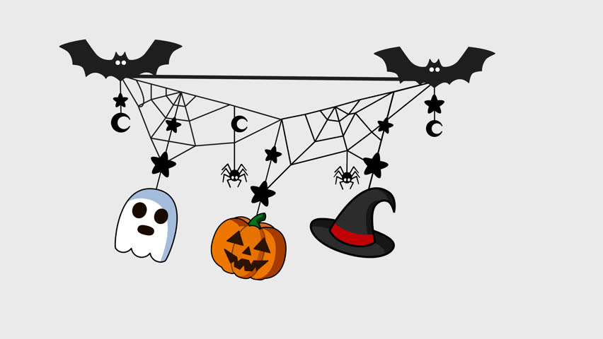 Halloween Hanging Garland Animation with Alpha Channel. Cartoon Ghost, Pumpkin, Witch Hat and Spiderwebs. 2D Vector Motion Graphics.
