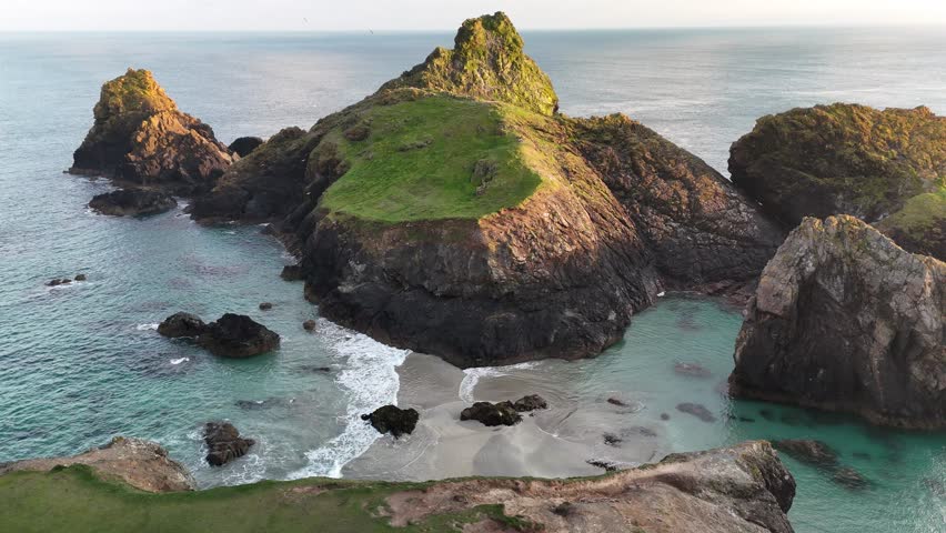 A drone footage of the scenic Kynance Cove on the eastern side of Mount