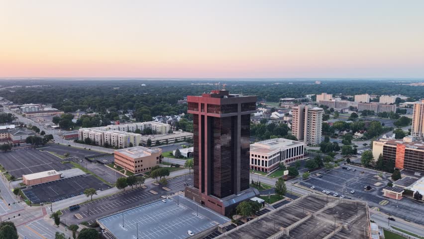 Aerial sunrise view of Hammons Tower and downtown Springfield Missouri.