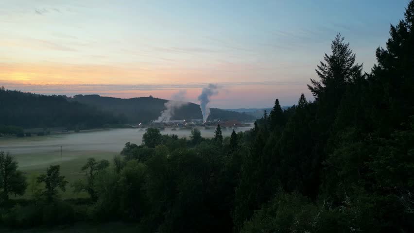 A sunset view of Drone capture of Stimson Lumber operations near Hagg Lake, Oregon