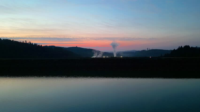 A sunset scene of Drone capture of Stimson Lumber operations near Hagg Lake, Oregon
