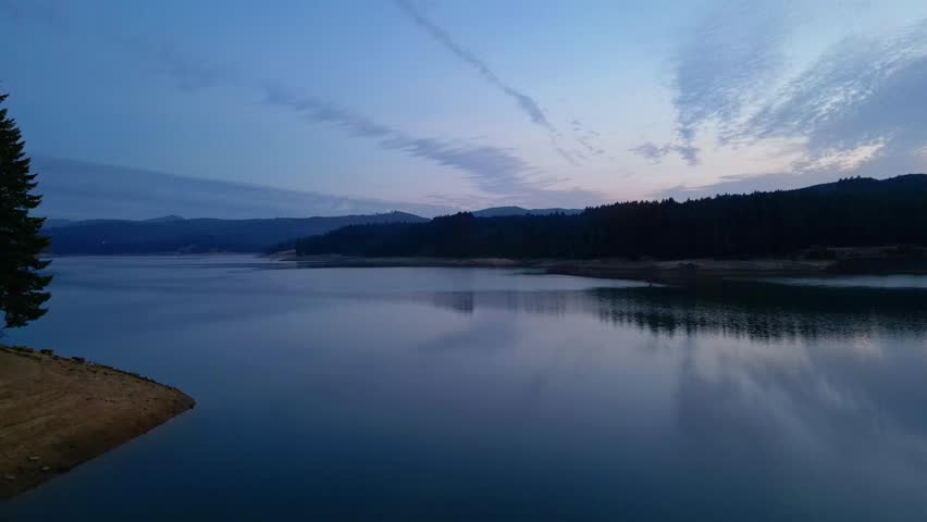 A twilight aerial scene of Hagg Lake and surrounding forests in Washington County