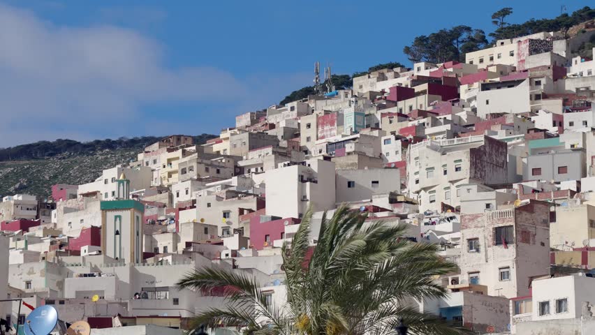 A view of Moulay Idriss Zerhoun town with multi-colored buildings covers a hillside, with a green-topped minaret visible in the lower left in Morocco