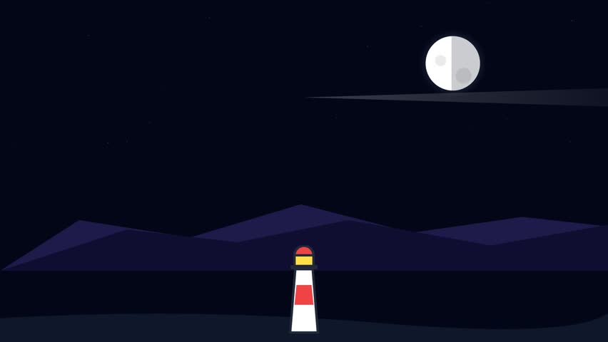 Lighthouse beacon shines bright light across dark ocean waves during a peaceful night under the glowing full moon video animation