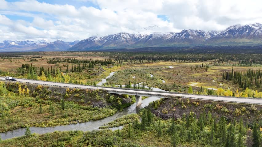 Cinematic Drone Flight over Bridge on Parks Highway