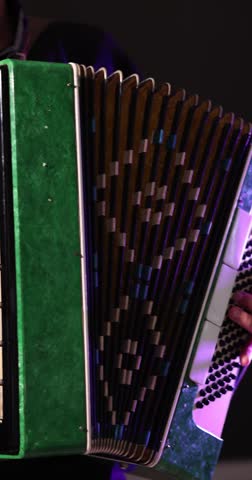 Man playing piano accordion on stage, closeup