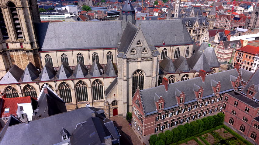 A magnificent close-up aerial photograph capturing a high-altitude drone perspective of the detailed architectural heritage of Saint Michael