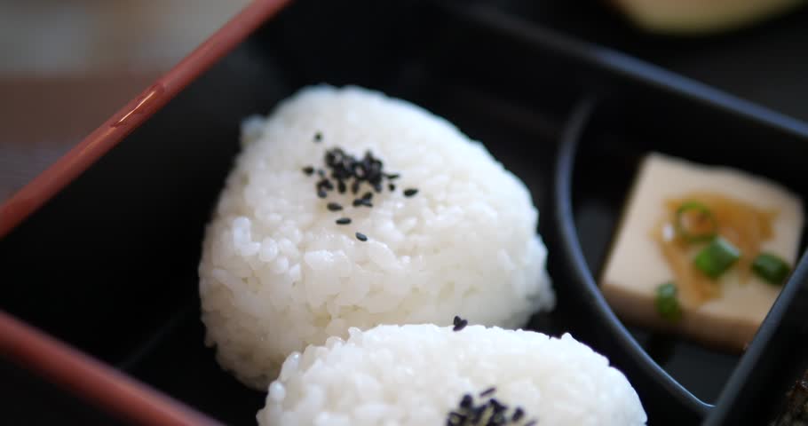 Close up of Japanese rice ball onigiri in a bento box