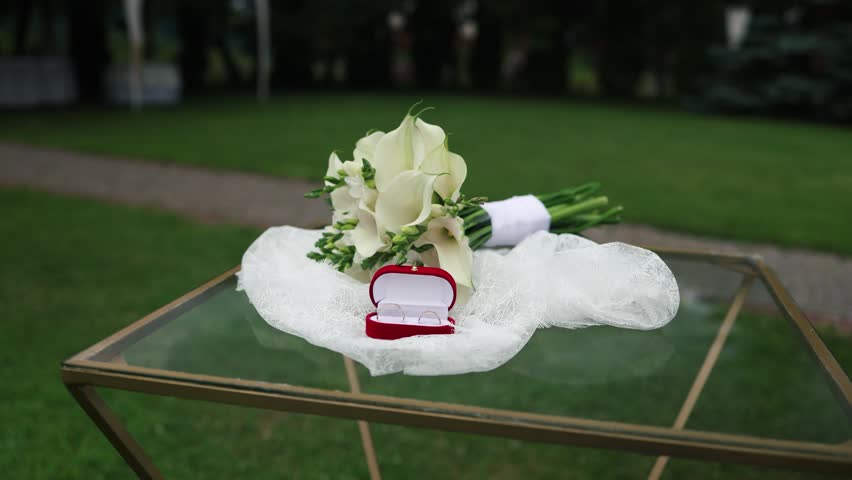 close-up of the wedding rings of the bride and groom before the outdoor ceremony lie on the table.