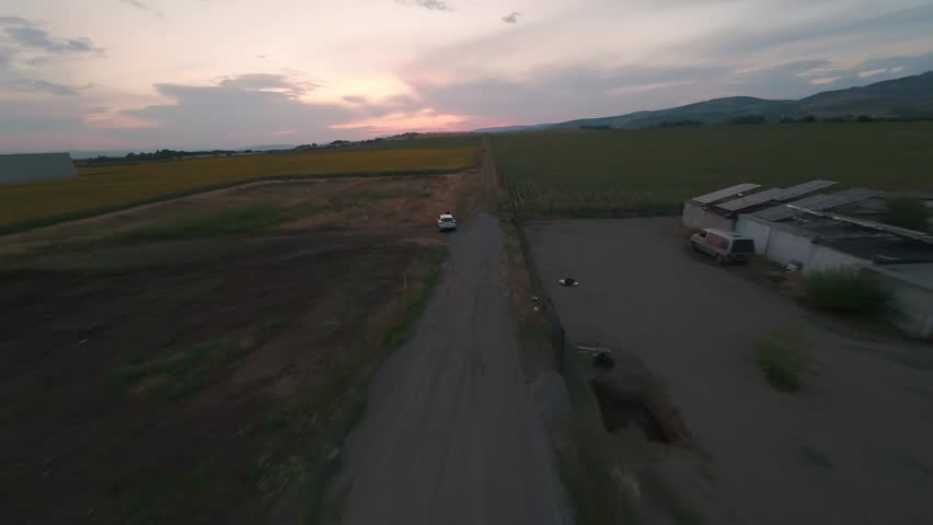 Cinematic FPV drone flight approaching from a rural road and making a smooth banking turn into a blooming sunflower field at sunset. Sofia, Bulgaria.