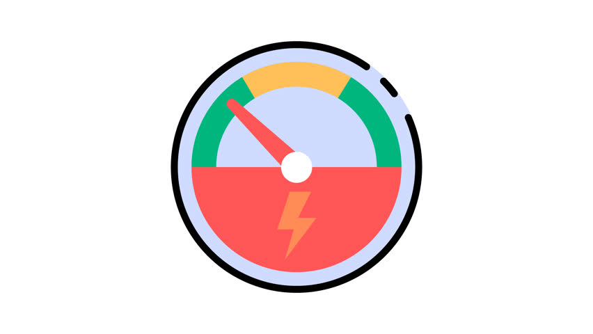 A flat design speedometer icon with a needle pointing to a high level, featuring a lightning bolt symbol for power and speed.
