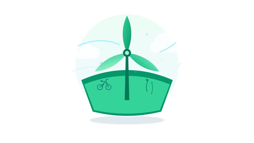Green conceptual vector illustration of a massive wind turbine integrated into a eco-friendly stylized boat or structural base. The minimal flat design includes icons of a bicycle and young sprouts, symbolizing sustainable urban transit, zero-emission transportation, renewable energy, and organic growth. Set within a soft circular frame with gentle wind currents and starry highlights, this creative artwork represents climate action, alternative energy solutions, and clean technology. Perfect visual asset for corporate environment reports, green energy banners, eco promotions, educational infographics, and carbon neutral campaigns. High-quality editorial graphic.
