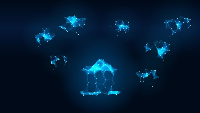 Abstract plexus bank building icon on blue background