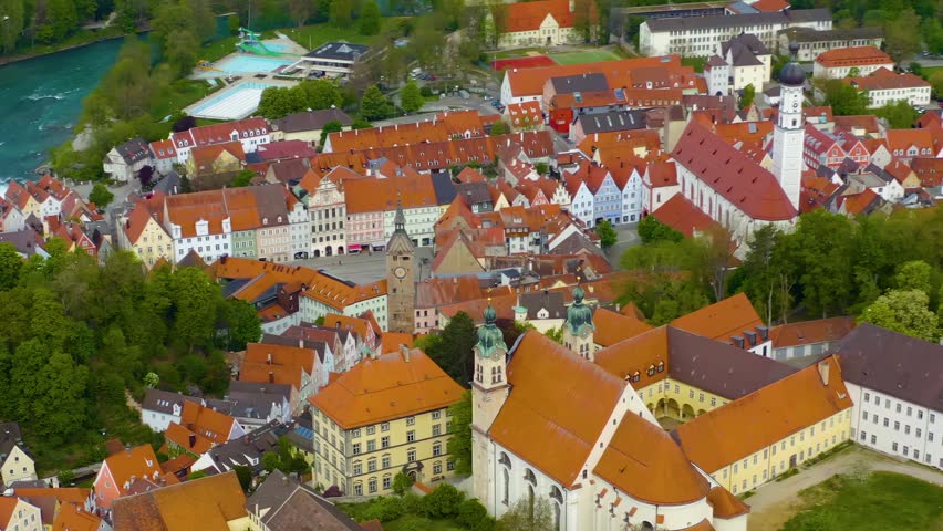 A panorama aerial view of the city and monastery Landsberg am Lech  above the old town on a sunny summer noon in south Germany, Bavaria