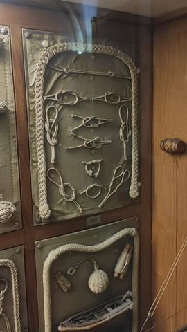 Panning shot of a museum display case featuring a collection of traditional nautical knots, ropes, miniature anchors, and a ship wheel. Educational maritime exhibition of vintage sailing equipment