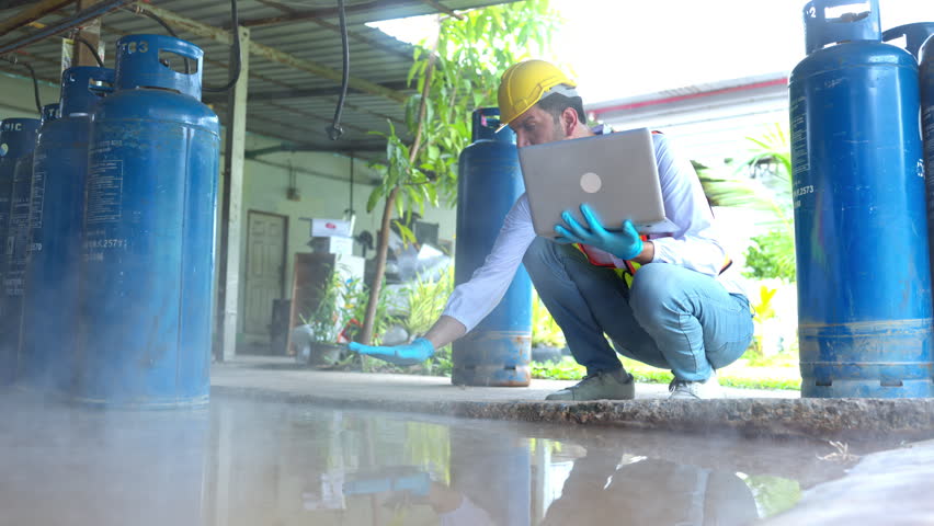 Engineers at the factory are inspecting the piping system and gas tanks using equipment and notebooks to control quality in the beverage production process